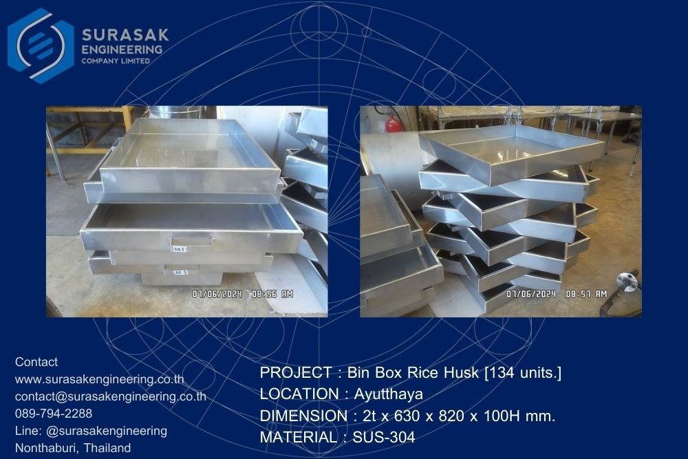 ภาพผลงานพับประกอบกระบะใส่แกลบสแตนเลส Bin Box Rice Husk [134 units.] วัสดุ SUS-304 – Ayutthaya 2024